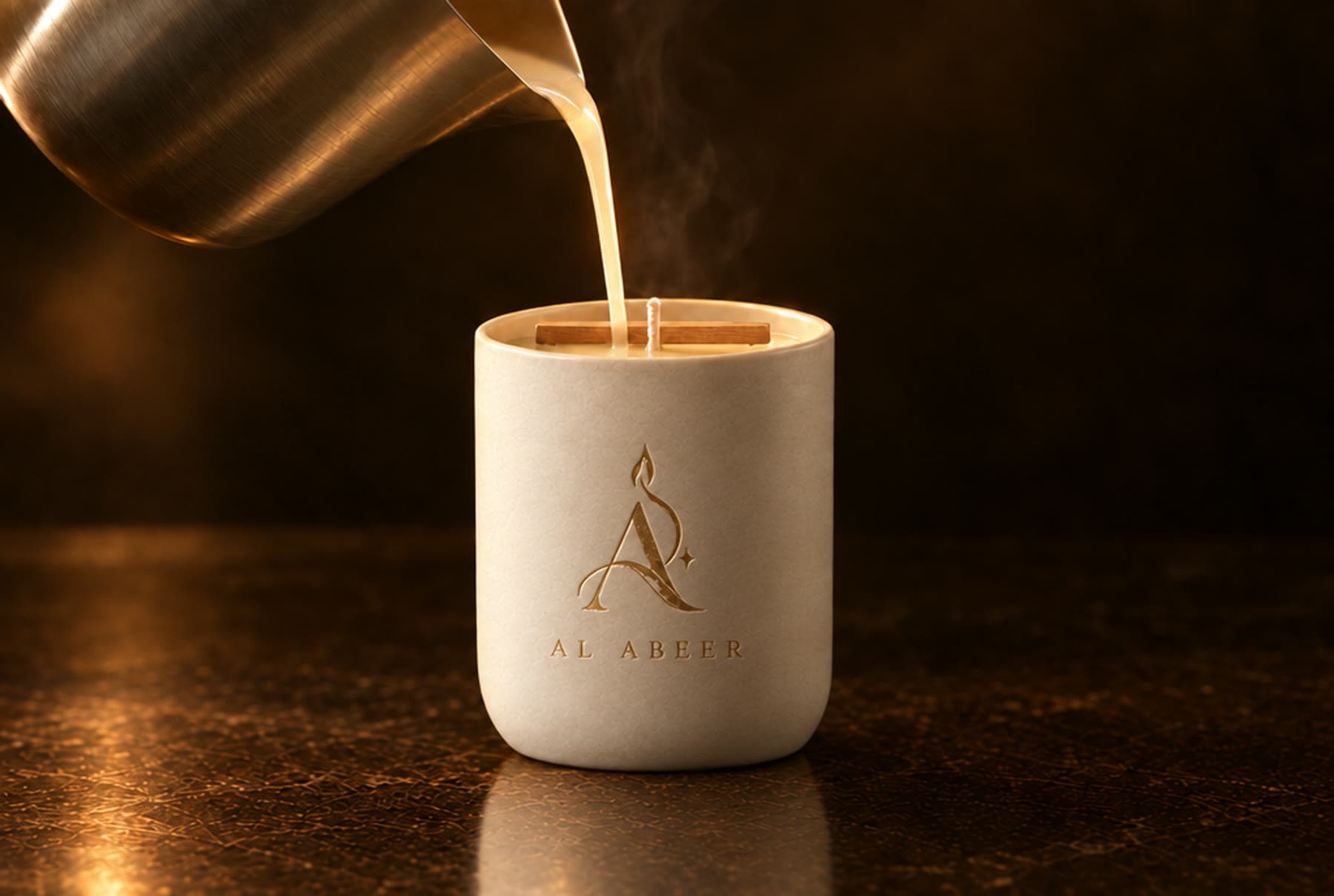 Wax being poured by hand into a candle vessel